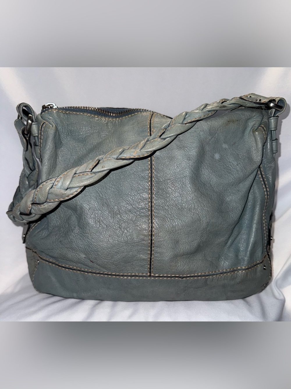 Vintage Fossil Dusty Blue Braided-Handle Pebble Leather Shoulder Bag 75082
